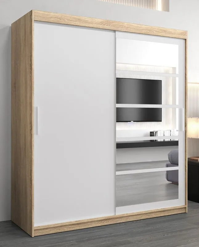 Armoire penderie à portes coulissantes Aizkorri 04A avec miroir | Chêne Sonoma / blanc mat | 200 x 180 x 62 cm