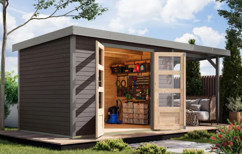 Abri de jardin en bois, toit rapporté avec coins renforcés de métal, épicéa gris terra/gris aluminium, toit en tôle trapézoïdale résistant aux intempéries, porte à double battant, 6,35 m².