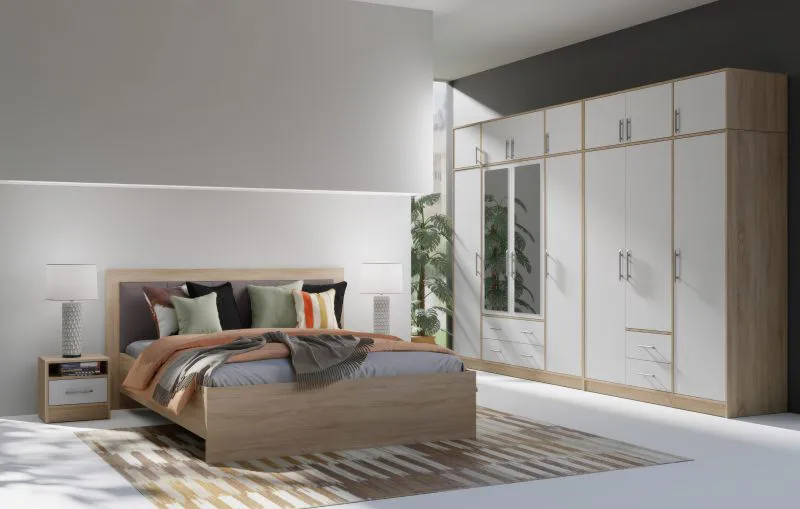 Chambre complète 7 pièces Hannut | Blanc & Chêne | Design moderne | Rangement optimisé