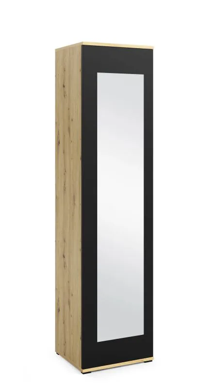 Armoire étroite avec miroir Zapopan 35, un compartiment, une tringle à vêtements coulissante, Push-to-open, Couleur : Chêne Artisan / Noir, Dimensions : 185 x 45 x 40 cm