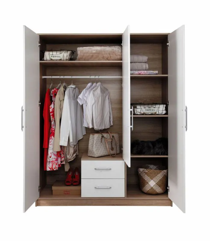150 cm de large Armoire avec 3 portes, 6 casiers et 2 tiroirs | Couleur: Blanc | Profondeur: 56 cm Abbildung