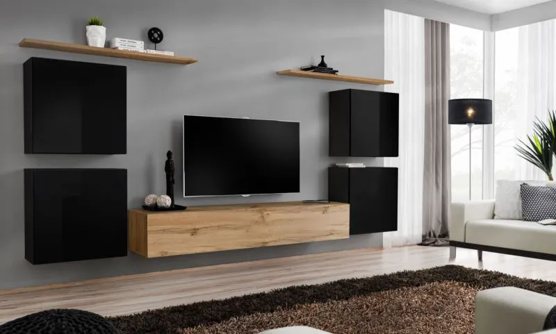 Meuble mural Balestrand 62 | Noir & chêne Wotan | 150 x 320 x 40 cm | 5 portes, design moderne