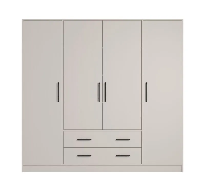 Armoire moderne Hannut 06, deux tringles à vêtements, Couleur : Cachemire, quatre portes, dimensions : 190 x 200 x 56 cm, deux tiroirs, cinq tablettes en bois