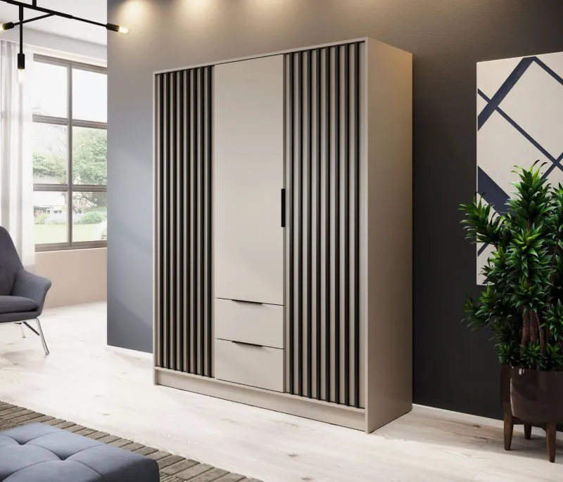 Armoire avec grand espace de rangement Leeds 31, cachemire, 200 x 155 x 51 cm, avec 3 portes et 2 tiroirs, 10 compartiments, 1 tringle à vêtements