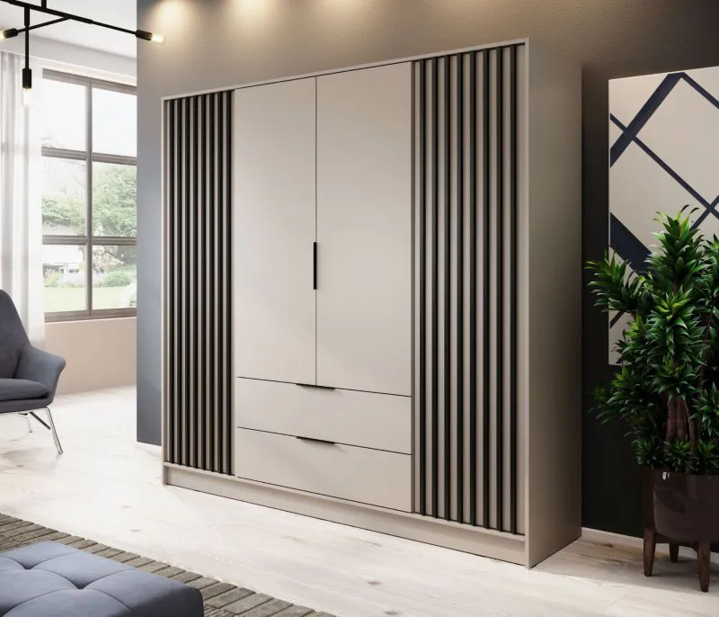 Armoire à lamelles noires Leeds 33, en cachemire, 200 x 206 x 51 cm, avec 10 compartiments spacieux et 2 tiroirs, 1 tringle à vêtements