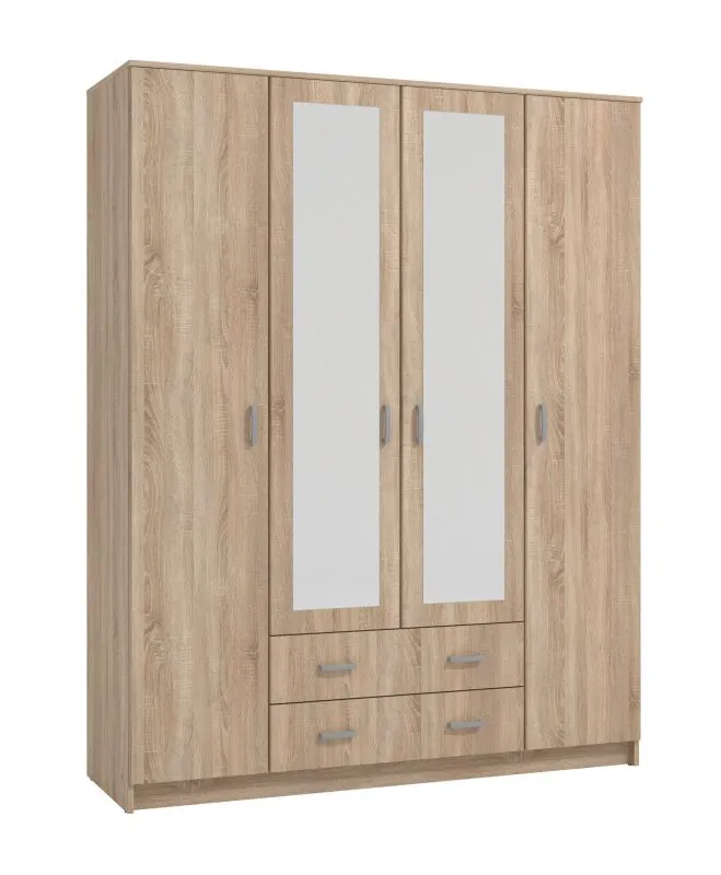 Armoire avec deux tiroirs Kovin 01, une tringle à vêtements, deux portes, Couleur : Chêne de Sonoma, deux portes miroir, Dimensions : 205 x 160 x 52 cm, 11 compartiments