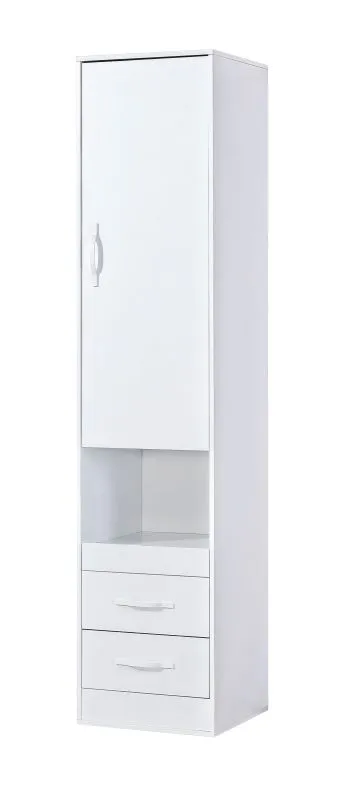 Armoire | Couleur : blanc | 50 x 50 x 225 cm | Poignées en métal | 1 porte | 2 tiroirs | 4 étagères | 5 compartiments | Nalut 02