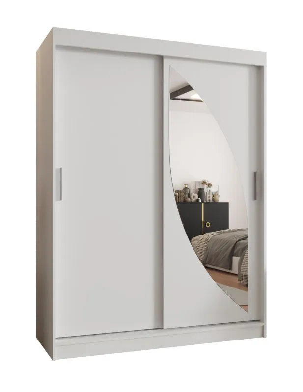 Armoire penderie Jorasses 10 | 1,5 m de large | Porte miroir | Blanc moderne | 5 compartiments | 2 tringles | Portes coulissantes
