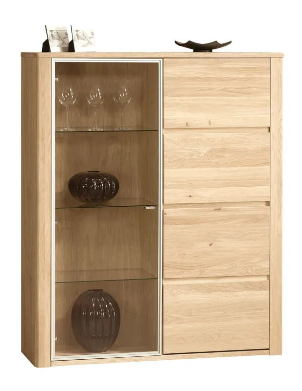 Vitrine Jussara 11, couleur : brun clair, chêne partiellement massif - 150 x 124 x 42 cm (h x l x p)