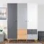 Armoire penderie 4 portes Syrina 05 | Blanc / Gris / Chêne | 202 x 153 x 55 cm | Rangement fonctionnel