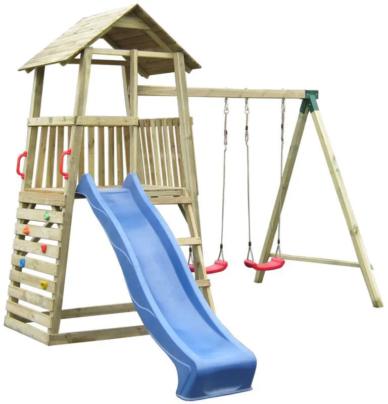 Tour de jeux 8A avec toboggan ondulé, balançoire double et mur d'escalade - Dimensions : 345 x 370 cm