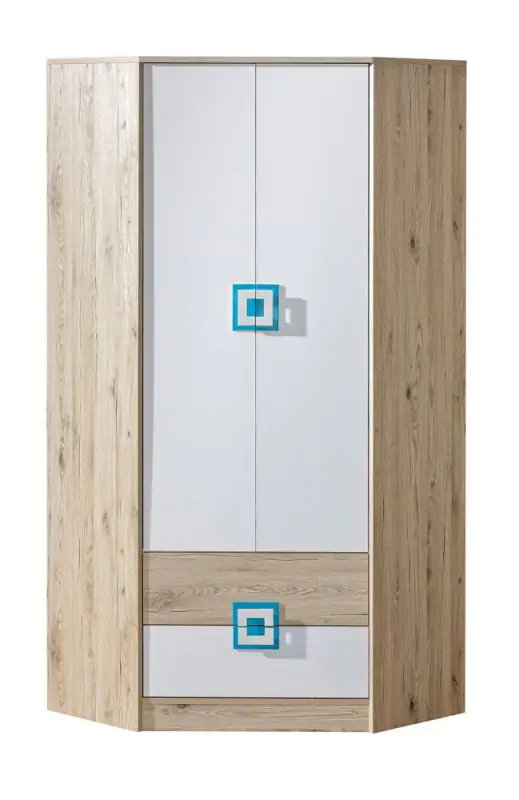 Chambre d'enfant - armoire à portes battantes / armoire d'angle Fabian 02, couleur : chêne brun clair / blanc / bleu - 190 x 87 x 87 cm (H x L x P)