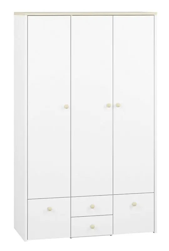 Chambre d'enfant - Armoire à portes battantes / armoire Egvad 01, couleur : blanc / hêtre - Dimensions : 193 x 117 x 51 cm (H x L x P), avec 3 portes, 4 tiroirs et 5 compartiments