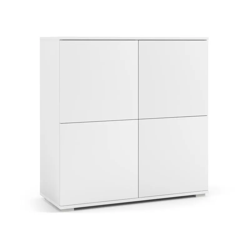 Commode sobre avec Fonction push-to-open Zapopan 96, Couleur : Blanc, dimensions : 102 x 100 x 40 cm, quatre portes, huit compartiments, design simple et moderne