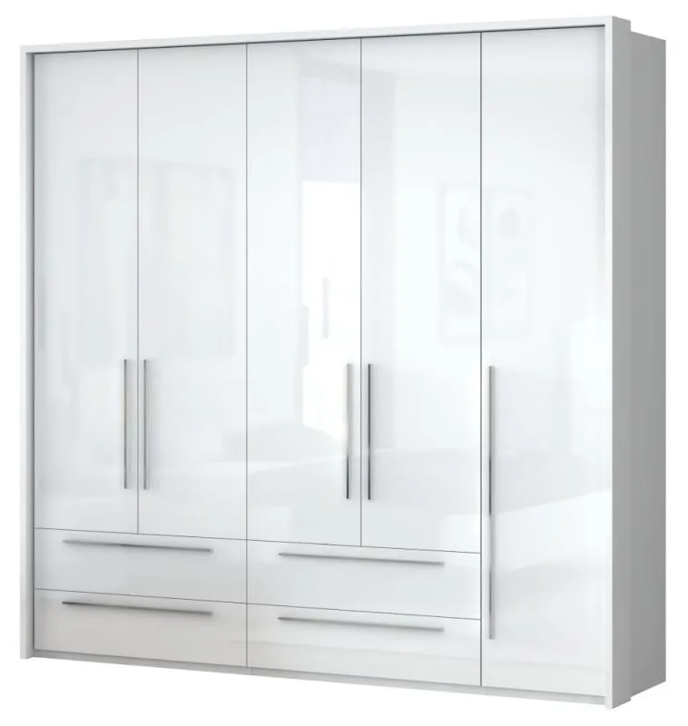 Armoire à portes battantes / armoire avec cadre Siumu 32, Couleur : Blanc / Blanc brillant - 226 x 232 x 60 cm (H x L x P)