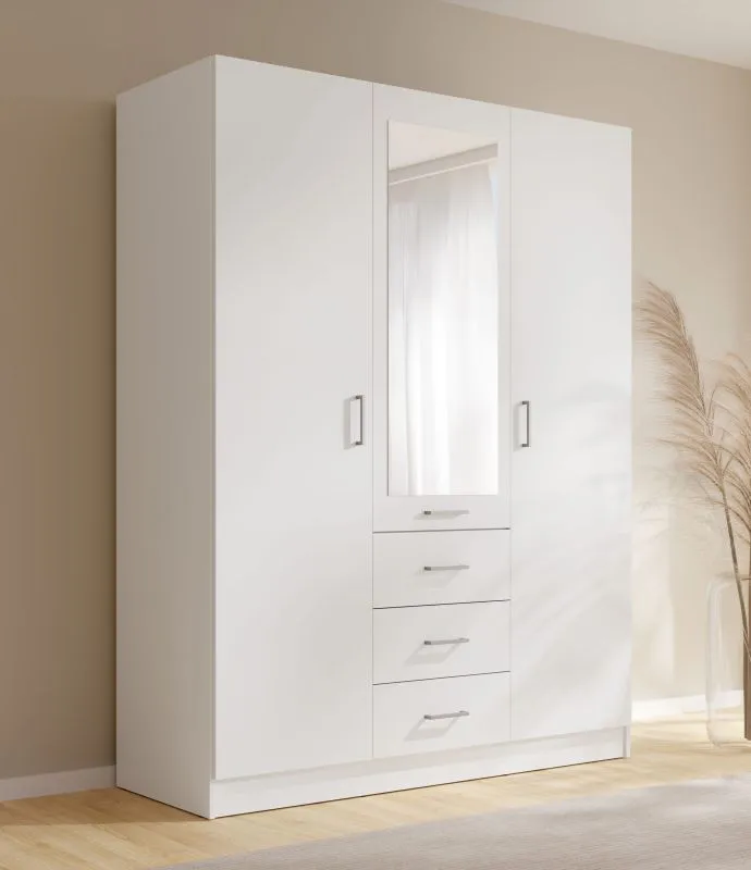 Armoire / 3 tiroirs / Couleur : Blanc / 2 portes battantes / 1 porte miroir / 1 tringle à vêtements / Dimensions : 150,5 x 58 x 200,5 cm / Armoire à portes battantes / Design sobre
