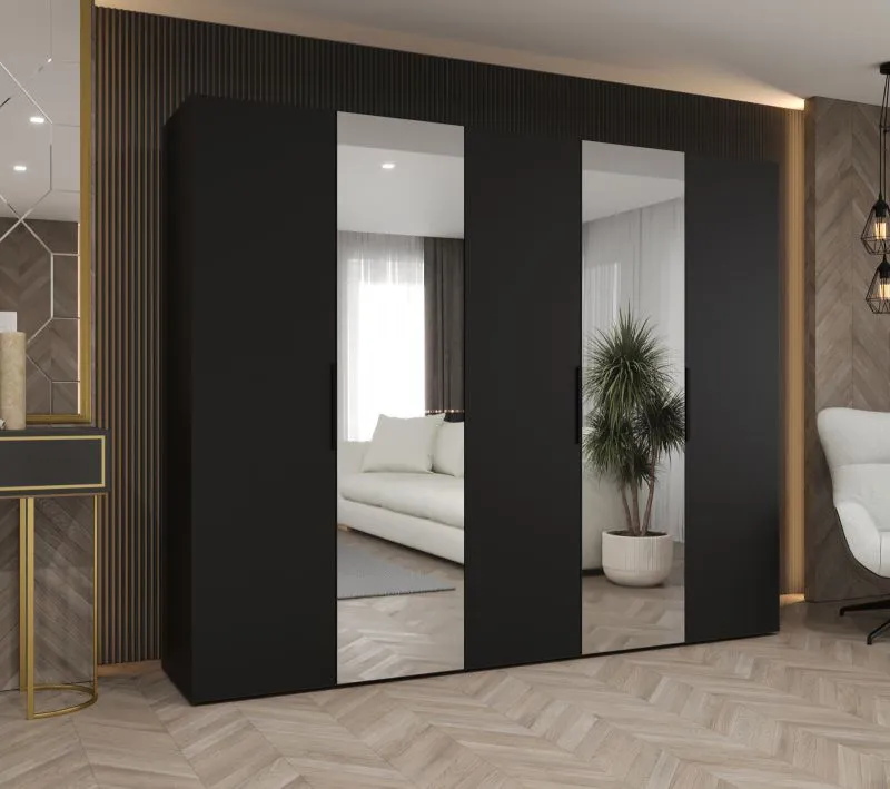 Armoire penderie Korab 94 noir | 2 portes miroir | 3 tringles | 2,5 m de largeur | Fermeture Soft-Close
