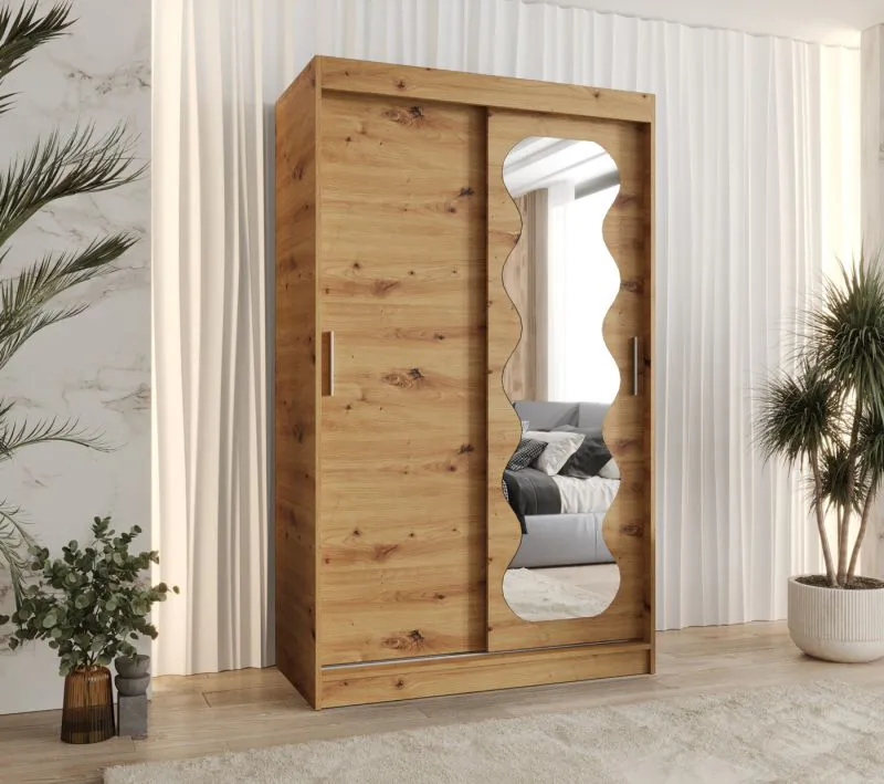 Armoire penderie à portes coulissantes avec miroir Bernina 05 | Chêne Artisan | 1,2 m de large | 5 compartiments | 2 tringles | Rails aluminium