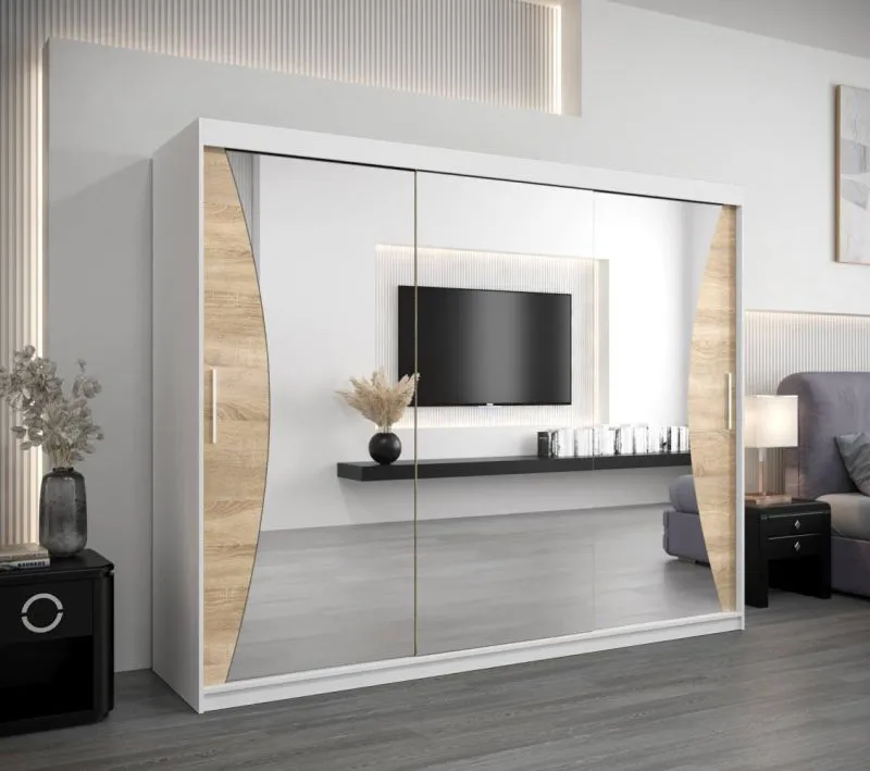 250 cm de large Armoire à portes coulissantes avec 10 casiers et 3 portes | Couleur: Chêne Sonoma  / Blanc | Laminée Abbildung