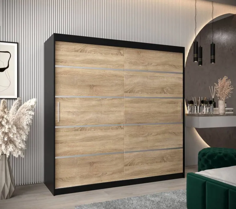 200 cm de large Armoire à portes coulissantes avec 2 portes | 10 casiers | 2 tringles à vêtements | Couleur: Noir Abbildung