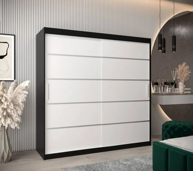 200 cm de large Armoire à portes coulissantes avec 2 portes | 10 casiers | 2 tringles à vêtements | Couleur: Blanc / Noir Abbildung