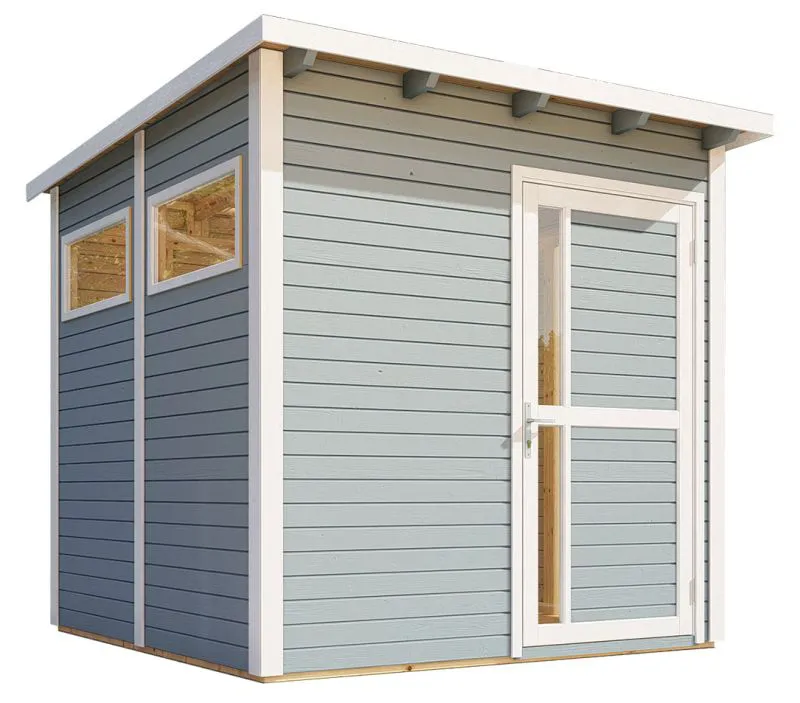 Abri de jardin Kiel 02 avec plancher, gris clair laqué - en éléments de 19 mm, surface au sol : 5,10 m², toit plat