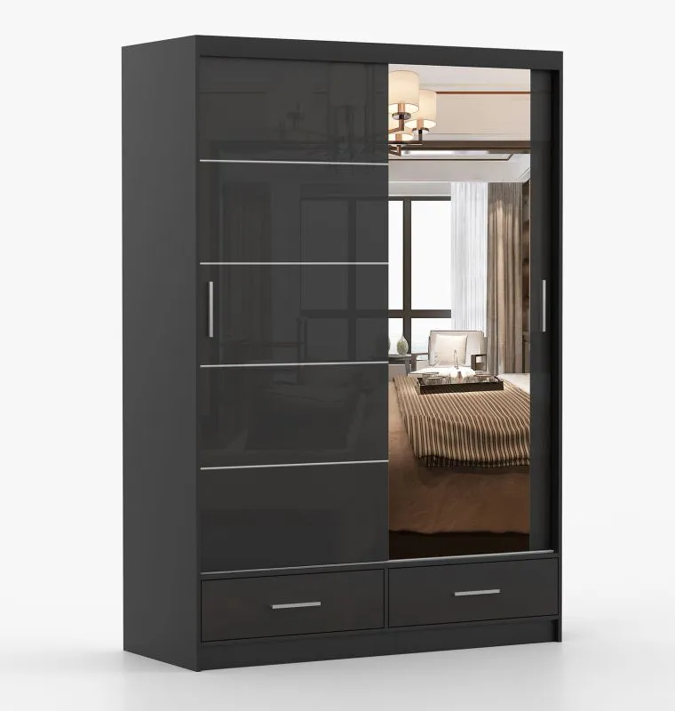 Armoire à portes coulissantes / Penderie de 1,5 mètre de large avec miroir / Noir / Lusatian 04 / 218 x 150 x 61 cm / 2 portes / 2 tiroirs / 6 compartiments