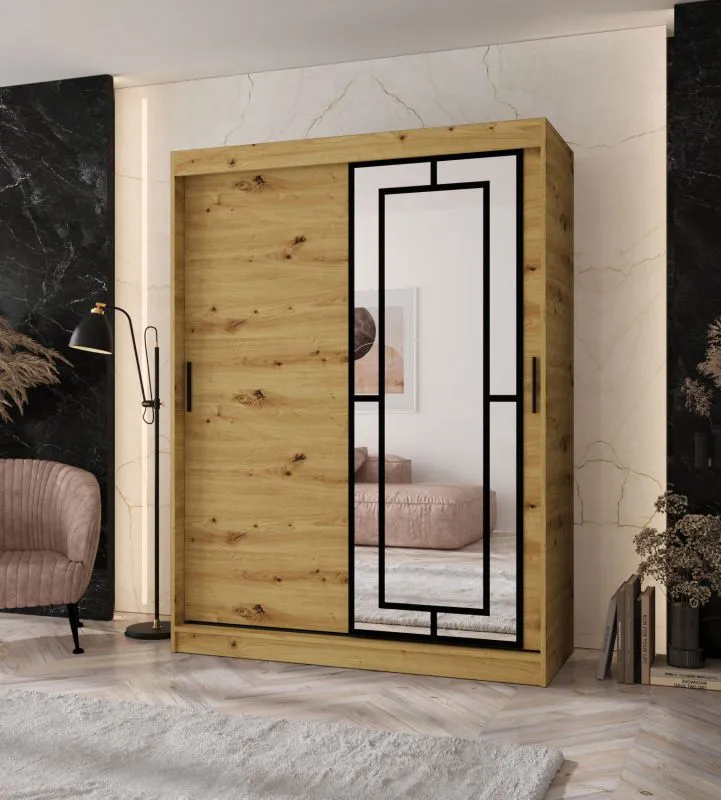 Armoire / Couleur : Chêne artisan / 5 compartiments / 2 tringles / Finition haut de gamme / 150 x 62 x 200 cm / Armoire à portes coulissantes / Porte miroir décorative