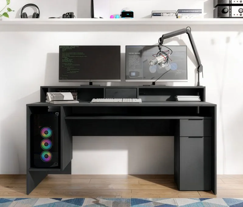 Bureau avec de nombreux rangements / 160 x 70 x 91,5 cm / Ergonomique / Aritsan - Chêne / Gris graphite / 6 compartiments / Kissamos 02 / avec rehausse d'écran