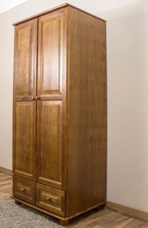 Étroite Armoire | 2 portes battantes | 2 tiroirs | 1 casier | avec tringle à vêtements | 80 cm de large | Bois massif | Couleur: Chêne Abbildung