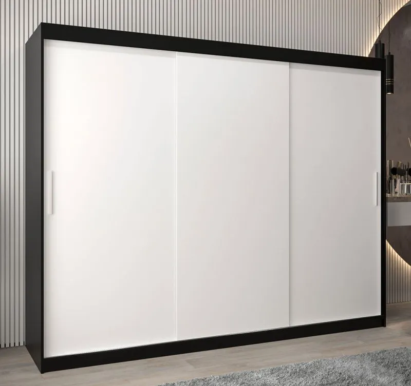 Armoire à portes coulissantes / Penderie Bisaurin 6A, Couleur : Noir / Blanc mat - Dimensions : 200 x 250 x 62 cm ( h x l x p)