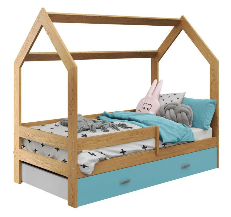 Cadre de lit pour enfants / Lit pour enfant avec barrière anti-chute 80 x 160 cm | Bois massif: Pin | Laqué Naturel | incl. tiroir et sommier à lattes Abbildung
