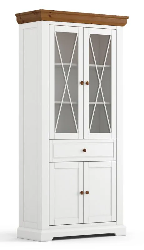 Vitrine Gimone 02 en pin finlandais | Blanc & Tabac | 200 x 95 x 41 cm | 2 portes vitrées | Élégance et rangement