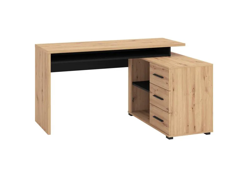 Bureau d'angle Batani 02, Couleur : Chêne Artisan / Noir, trois tiroirs, élément réglable, chants ABS, dimensions : 75 x 137,5 x 101,5 cm, deux compartiments