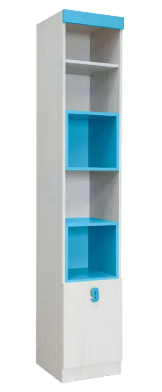 Chambre des enfants - Etagère Luis 16, couleur : chêne blanc / bleu - 218 x 40 x 42 cm (h x l x p)