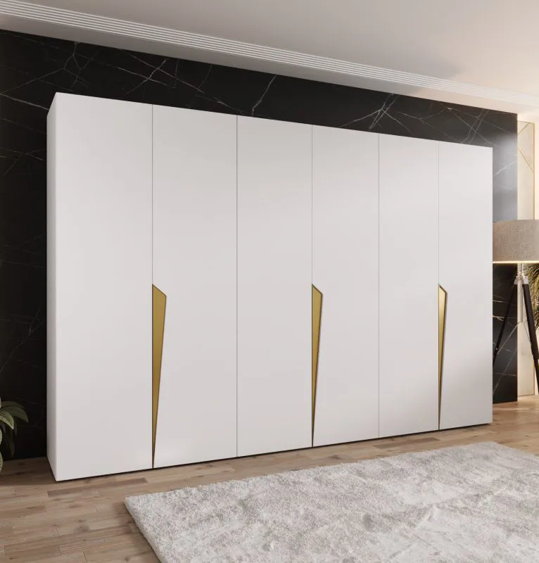 Armoire à portes battantes / Couleur : Blanc / Bords ABS / 3 mètres de large / 3 tringles à vêtements / Fonction Soft-Close / Poignées : Or / 3 compartiments / Dimensions : 300 x 52 x 202 cm