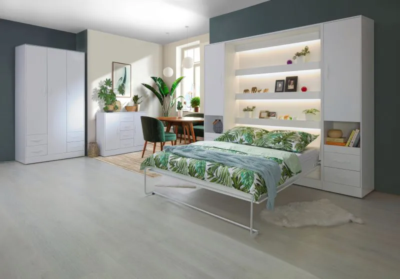 Ensemble complet de chambre à coucher D Nalut en blanc | 6 pièces | Lit escamotable 160 x 200 cm avec éclairage LED | Armoire | Commode