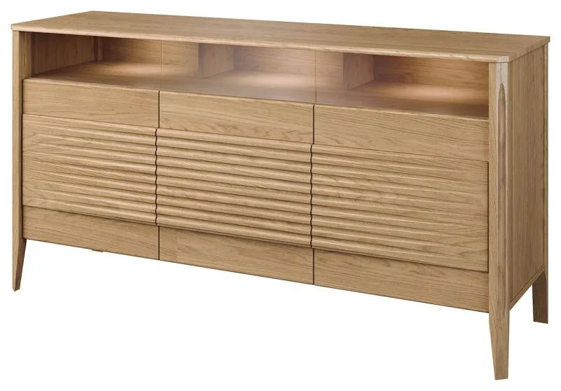 Buffet Gorica 07 avec éclairage LED | Chêne doré | 85 x 161 x 50 cm | Fermeture douce | Verre bronze | 3 portes, 9 compartiments