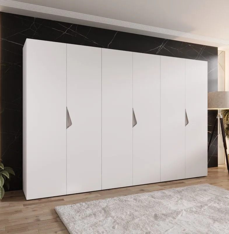 Armoire à portes battantes / 6 portes / Couleur : Blanc / 3 tringles à vêtements / Poignées : Cachemire / 3 compartiments / Dimensions : 300 x 52 x 202 cm / Fonction Soft-Close