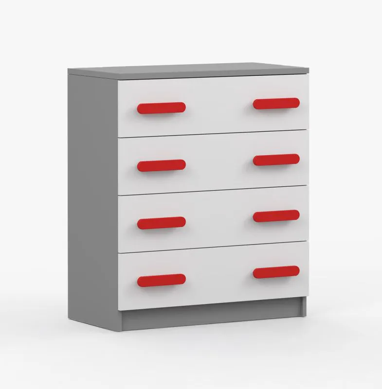 Commode Smolikas 13 | 80 cm de large | Blanc / Gris | 4 tiroirs spacieux | Poignées bois rouges | 90 x 80 x 40 cm | Enfant & Jeunesse