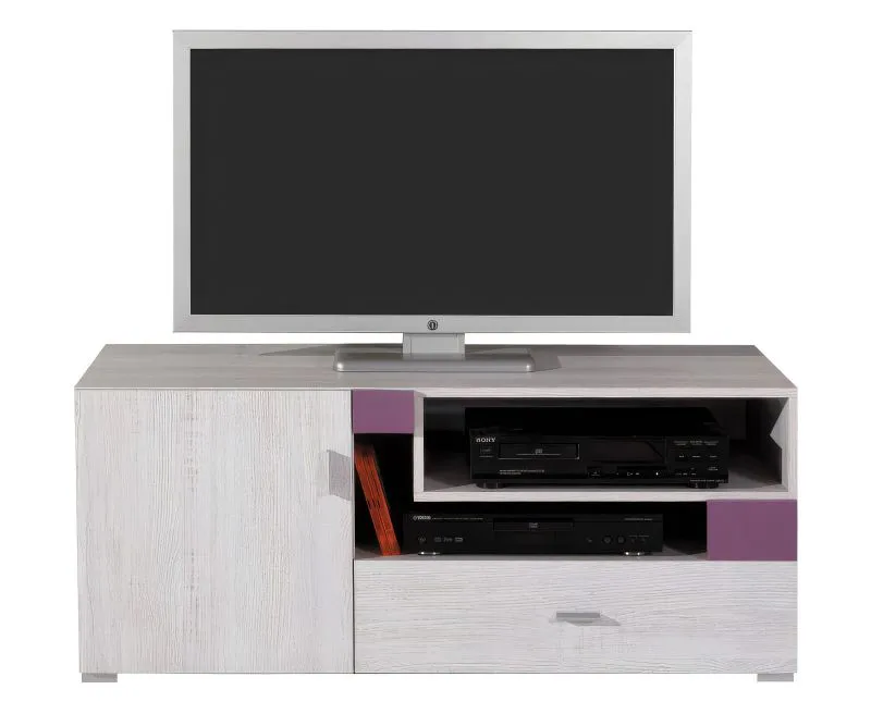 Meuble TV pour chambre ado "Emilian" 12 | Pin blanchi & Lilas | 50 x 120 x 50 cm | Design moderne