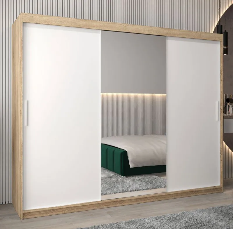 Armoire à portes coulissantes / Penderie Bisaurin 6B avec miroir, Couleur : Chêne de Sonoma / Blanc mat - Dimensions : 200 x 250 x 62 cm ( H x L x P)