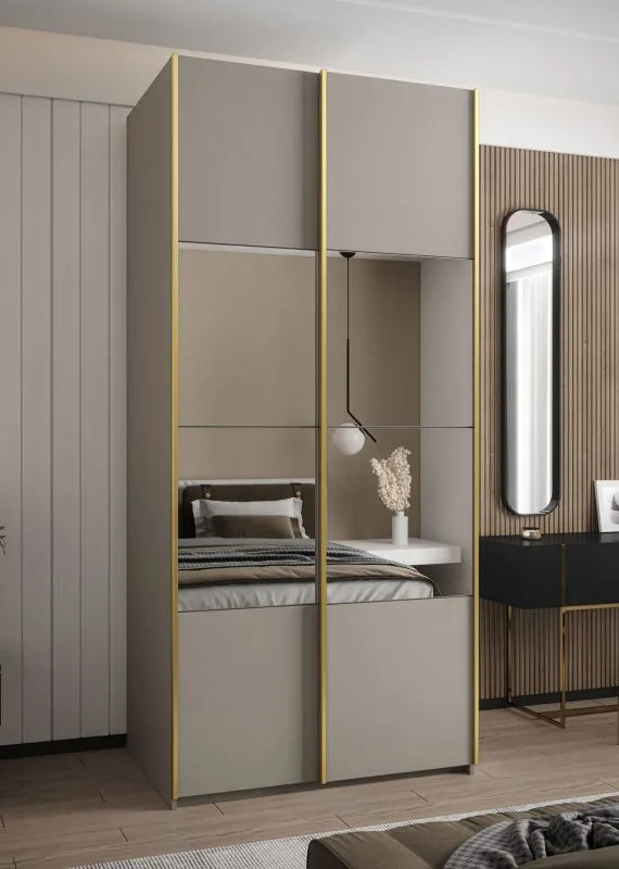 Penderie / Armoire à portes coulissantes / Couleur : cachemire / 2 tringles / 2 portes coulissantes / 245,5 x 120 x 64 cm / Miroir / Fermeture en douceur / 6 compartiments