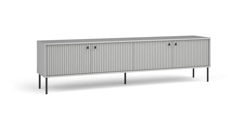 Meuble bas TV long à quatre portes Alonnisos 06, fonction soft-close, Couleur : Gris, deux compartiments, deux passages de câbles, Dimensions : 55 x 207 x 41 cm