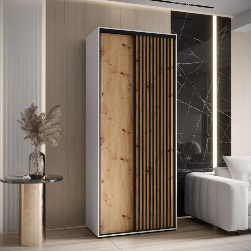 Armoire à portes coulissantes Mina 120 cm | Blanc/Chêne | Poignées métal noir | Finition lamellée moderne