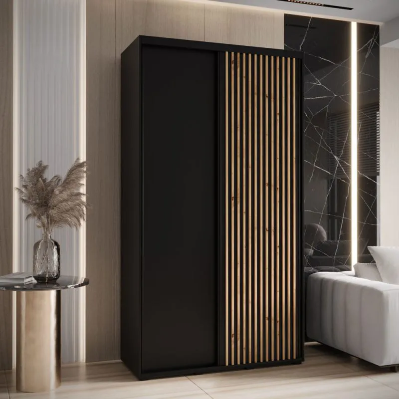 Armoire à portes coulissantes noire Mina 1,3 m | Design moderne | Gain de place | Grand espace de rangement | Finition chêne
