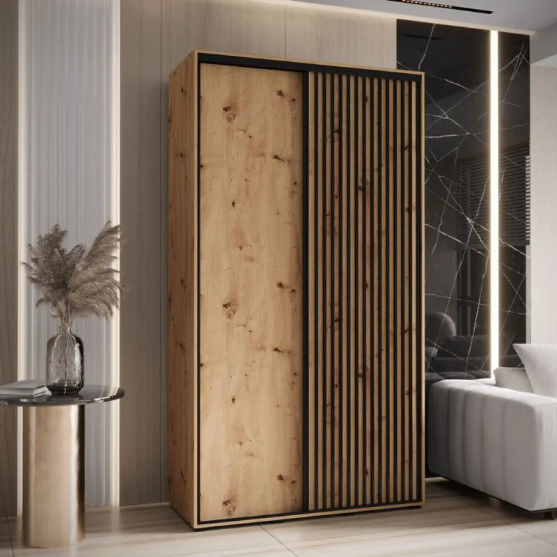 Armoire à portes coulissantes Tharo 1,4 m | Chêne | Grand espace de rangement | Poignées métal noir | Pour salon ou chambre
