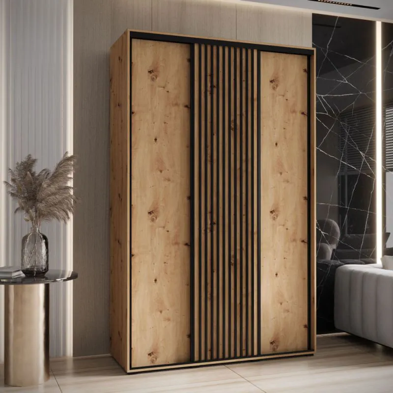 Penderie à portes coulissantes Tharo couleur chêne | Grand espace de rangement | 235,2 x 160 x 45 cm | Poignées métal noir | Idéale salon ou chambre