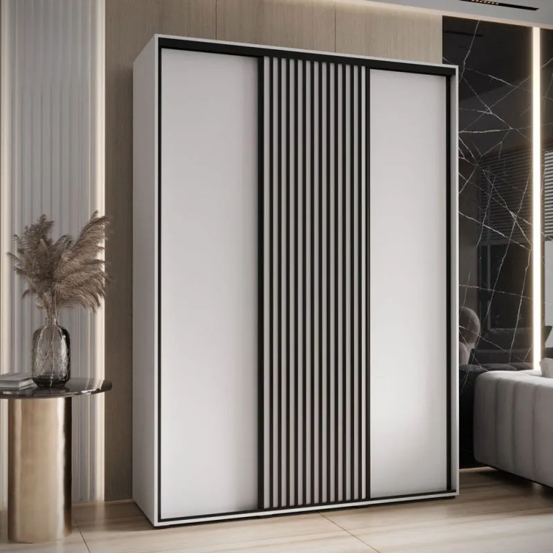 Armoire à portes coulissantes blanche Tharo | Anti-brosses à poussière | Poignée métal noir | Grand espace de rangement | 235,2 x 170 x 45 cm