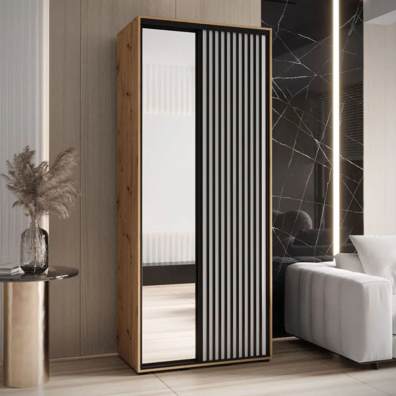 Armoire avec miroir Mina blanc/chêne | Portes coulissantes | Poignées métal noir | 235,2 x 120 x 60 cm | Étagères intégrées